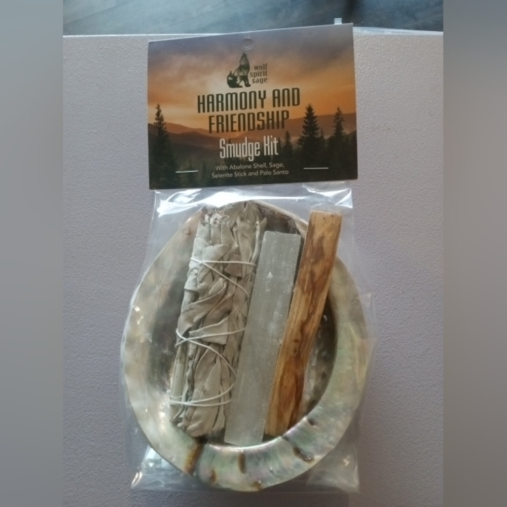 Smudge kit with abalone shell, sage, selenite stick and Palo santo
